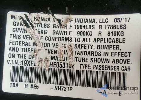 2017 Honda Civic Ex from USA, damaged, VIN 19XFC2F78HE053162